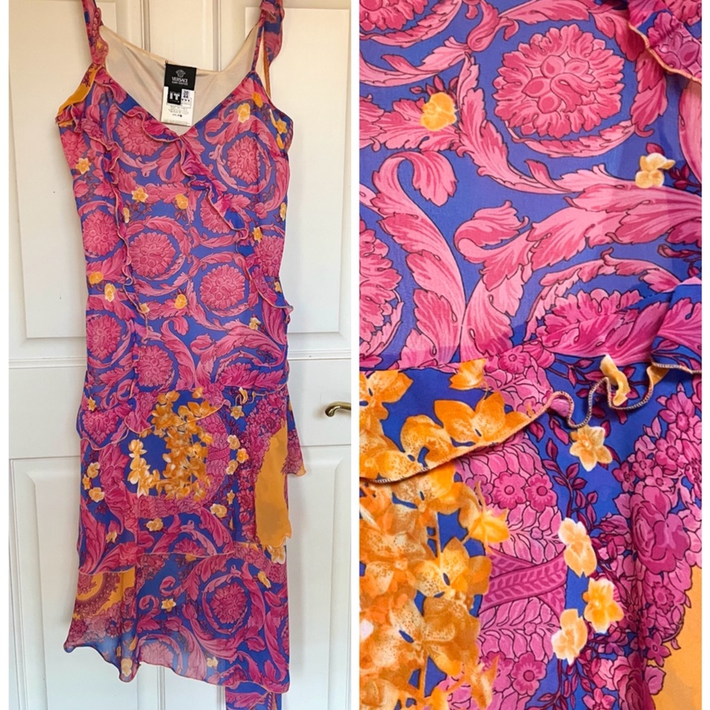 90’s Versace Baroque Orchid Print Silk Chiffon Dress with Asymmetrical Hem